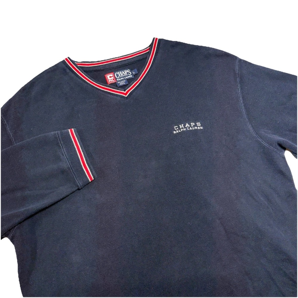 Chaps‎ Ralph Lauren V-Neck Sweater Mens L Navy Blue Long Sleeve Logo Cotton 90s